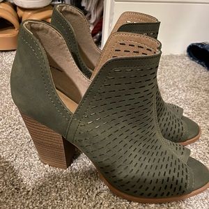 Brand new green peep toe ankle bootie block heel with cut outs.